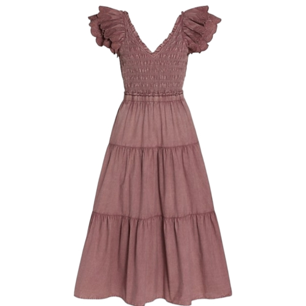 Sea New York Heidi Flutter Sleeve Tiered Dress‎ Midi Open Back Rose Women's 10 - Picture 2 of 15